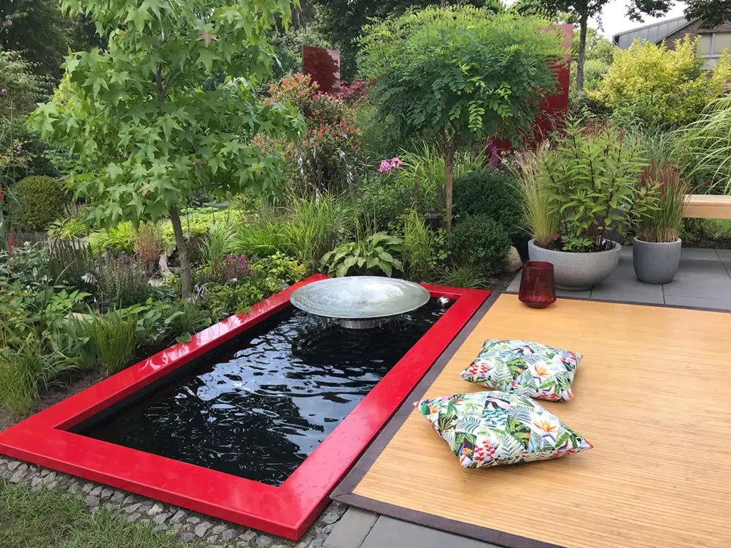 Wasserschale Edelstahl, Edelstahlbrunnen, GFK-Wasserbecken, Teichbecklen, Gartenidee, Terrassenidee, Beispiel, moderner Garten., Wasser im Garten