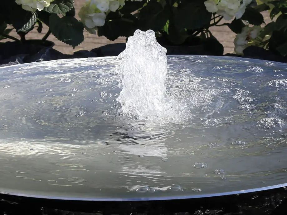 Edelstahl-Wasserschale Modell 2396 mit leicht gewellter Wasseroberfläche, aufgestellt auf einer Terrasse mit dunklen Steinplatten, umgeben von modernen Pflanzen.
