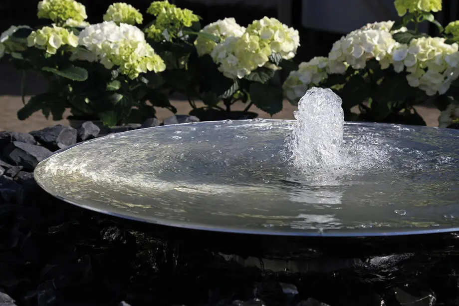 Edelstahl-Wasserschale Modell 2396 mit leicht gewellter Wasseroberfläche, aufgestellt auf einer Terrasse mit dunklen Steinplatten, umgeben von modernen Pflanzen.