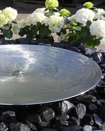 Edelstahl-Wasserschale Modell 2396 mit leicht gewellter Wasseroberfläche, aufgestellt auf einer Terrasse mit dunklen Steinplatten, umgeben von modernen Pflanzen.