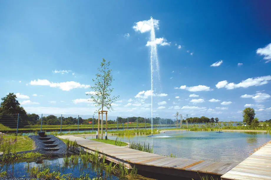 High Jet 30 auf einer Schwimmfontäne Profi in einem großen Teich, mit einem präzisen vertikalen Wasserstrahl aus Edelstahldüse, umgeben von Schilf und Bäumen.