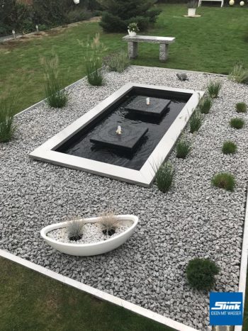 Steinplatten Gartenbrunnen, formales Wasserbecken, Teichbecken rechteckig, Gartendesign, Gartenidden, Gartenplanung, Gartenbrunnen