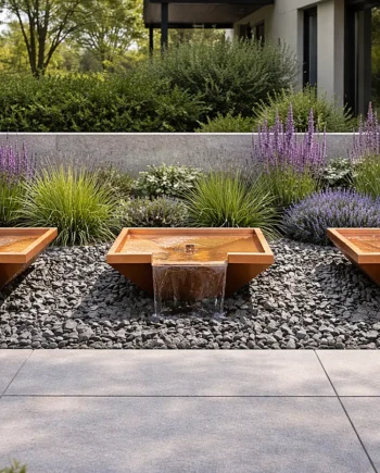 Hochwertige Kupfer-Wasserschale als Springbrunnen für den Garten mit Wasserfall-Auslauf.
