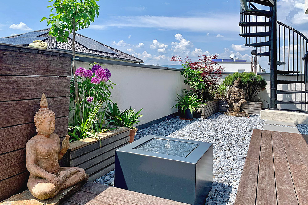 Wassertisch, Springbrunnen, Zierbrunnen, Dachterrasse, Terrassenbrunnen, modern